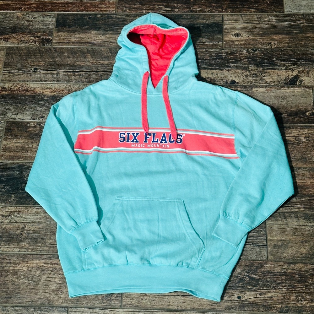 Six Flags Magic Mountain Logo Teal 90's Style Hoodie XL California Theme Park